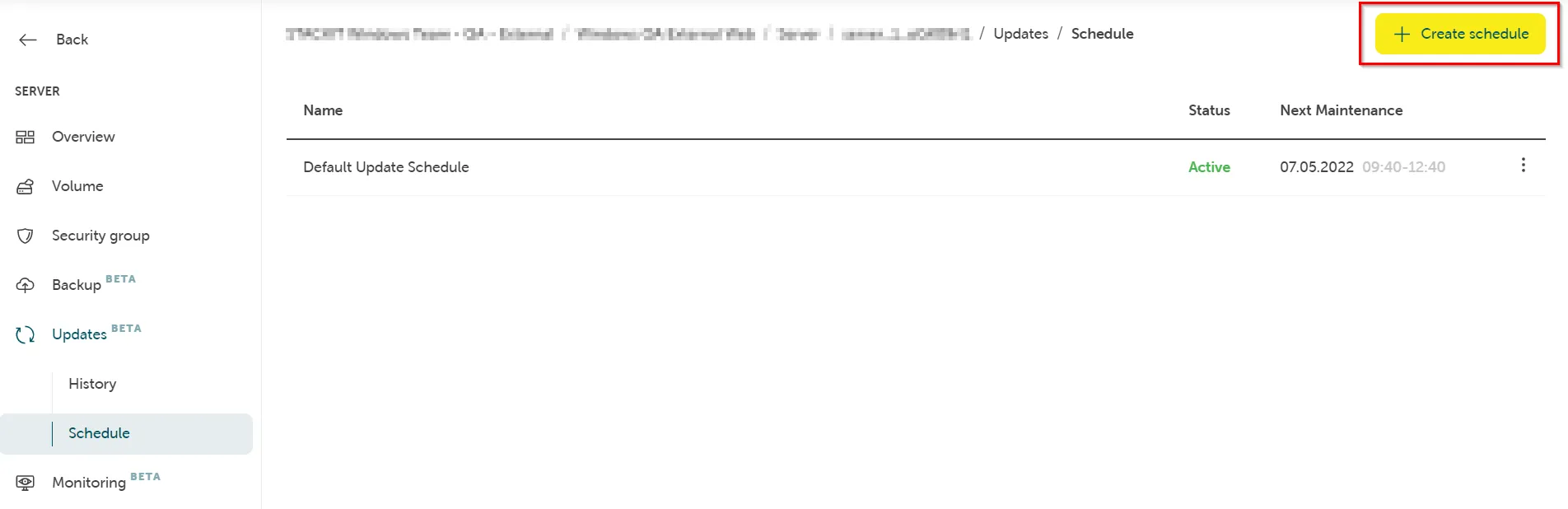 Screenshot of a server Updates/Schedule management page. The main view lists one item, "Default Update Schedule," with its status as "Active" and the next maintenance window as "07.05.2022 09:40-12:40." A bright yellow button labeled "Create schedule" is highlighted with a red box in the top right corner. The left navigation pane shows "Updates" selected with the "Schedule" sub-section active.
