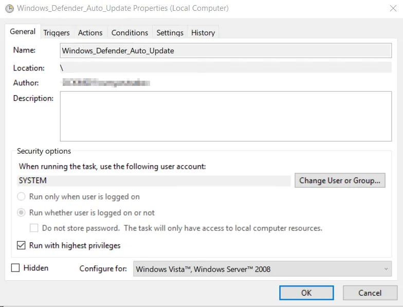 Aufgabenplanung: Eigenschaften der Windows Defender Auto Update-Aufgabe mit SYSTEM-Ausführungskonto.