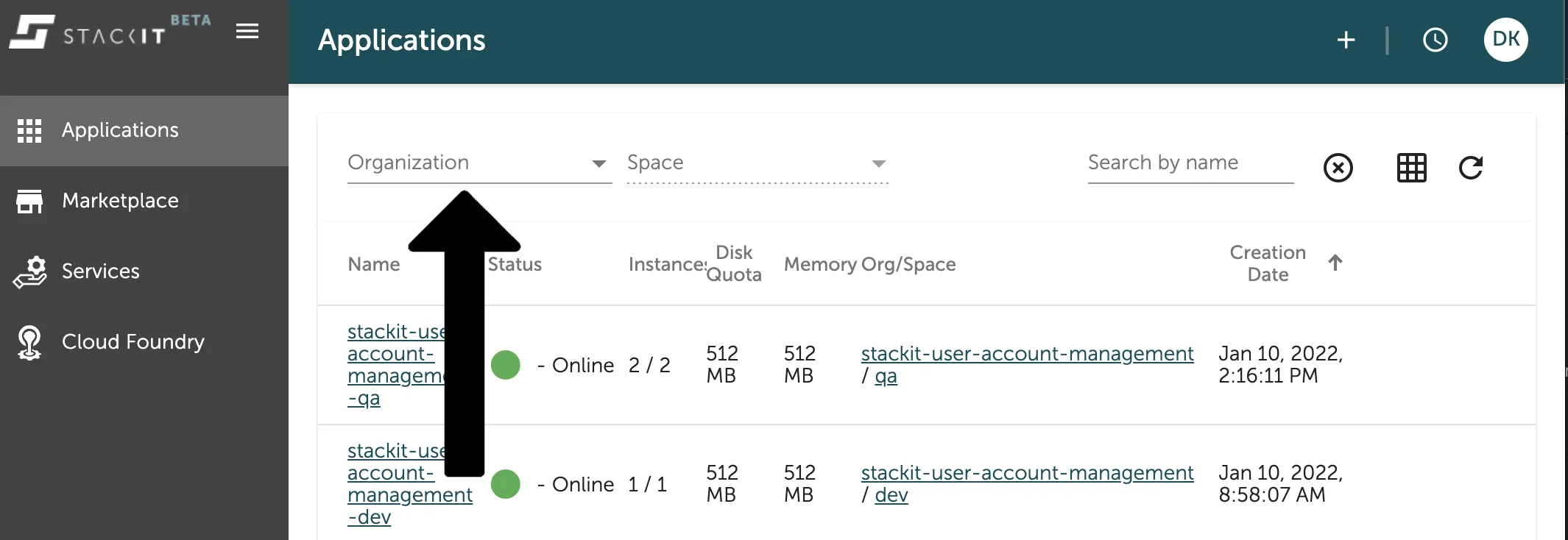 The position of the org and space selector in the console UI.