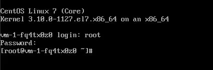 CentOS 7 terminal showing successful root login with kernel version 3.10.0-1127.el7.x86_64 on x86_64 architecture. The screen displays the login prompt ‘vm-1-fq4tx8z0’ and root shell prompt after successful authentication.
