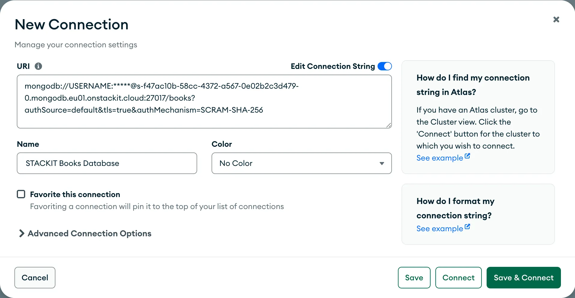 Bereich für neue Verbindungen in MongoDB Compass