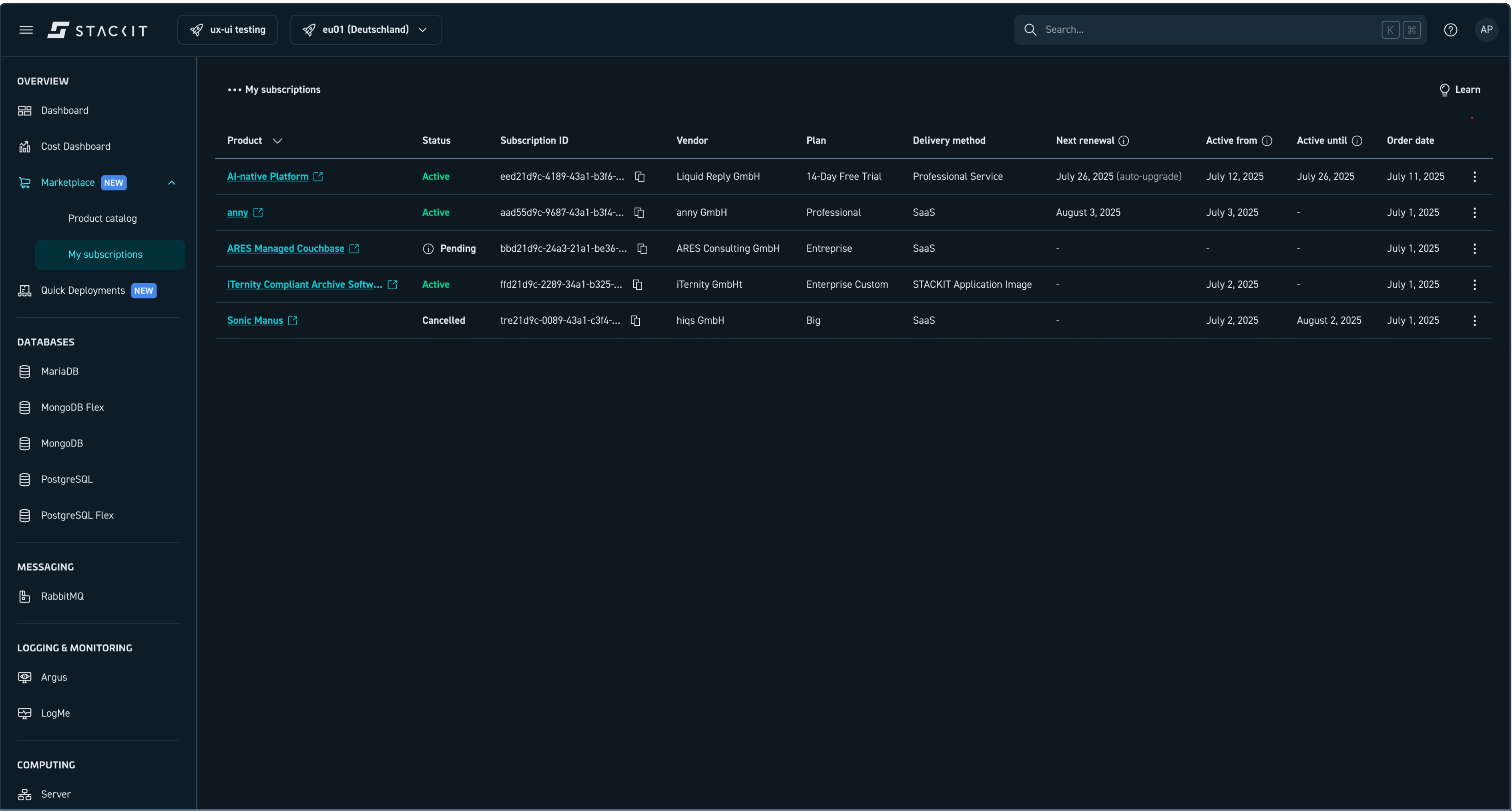 My subscriptions page in the Marketplace