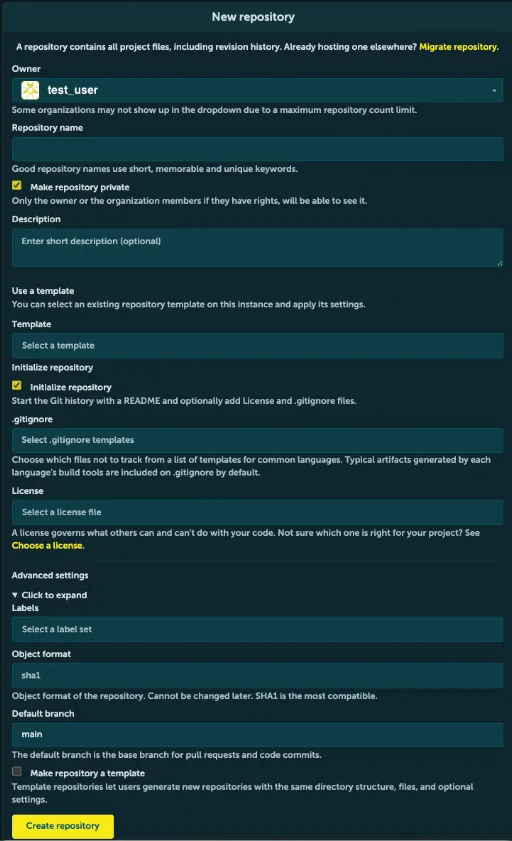 Screenshot of the "New repository" configuration form in STACKIT Git. The interface displays various input fields including Owner, Repository name, Visibility, Description, Template, Issue labels, .gitignore, License, README, Default branch, and Object format, with a highlighted "Create repository" button at the bottom.