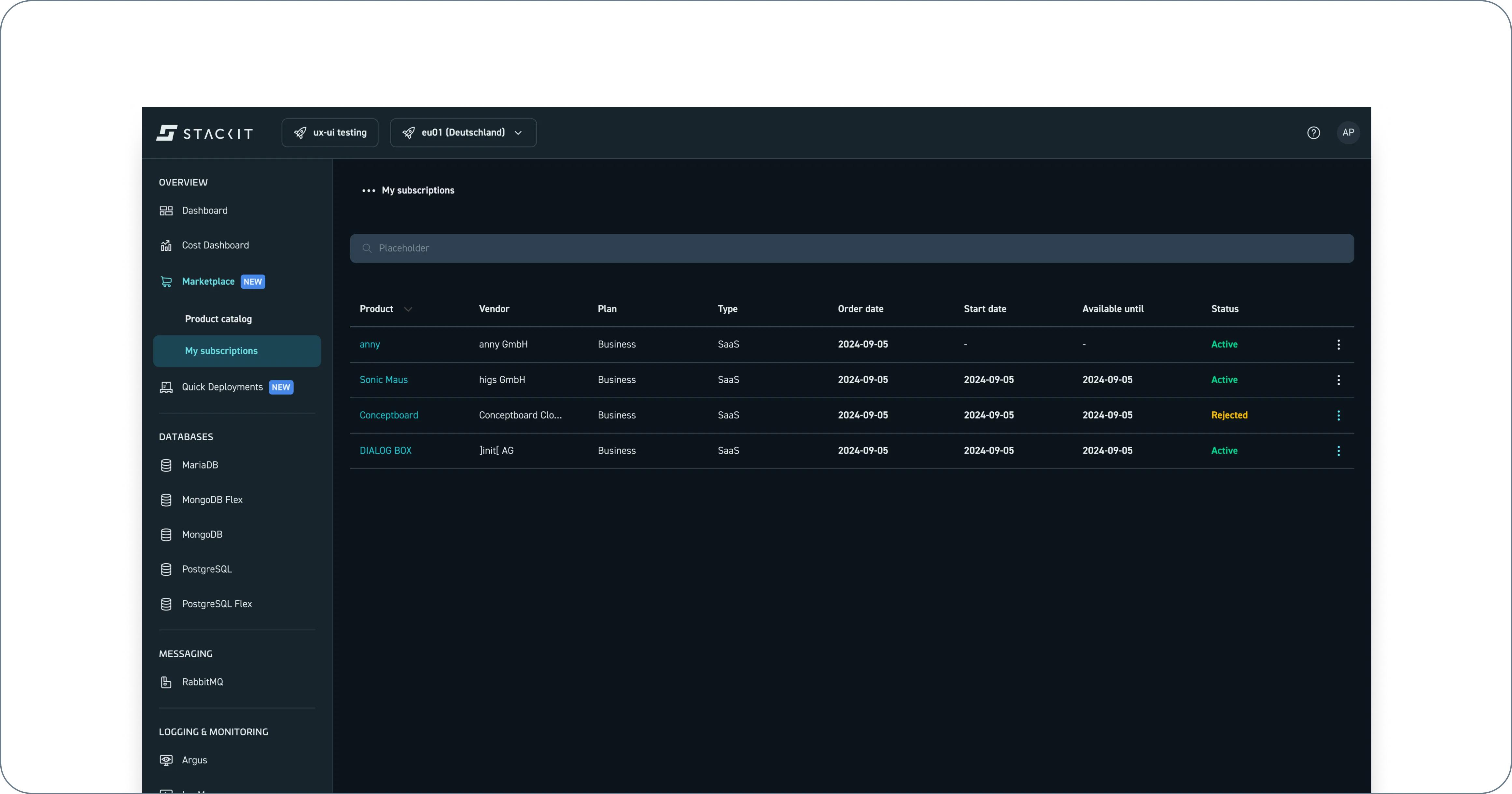 Die Seite „Meine Bestellungen“ unter dem Hauptnavigationspunkt „Marketplace“