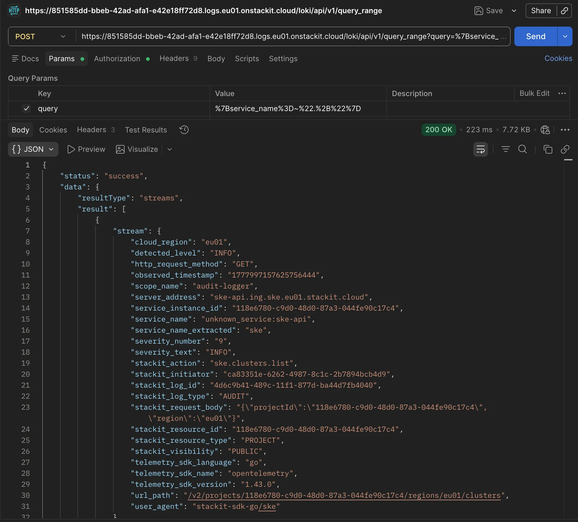 Postman queries STACKIT Logs and shows audit trails in the result