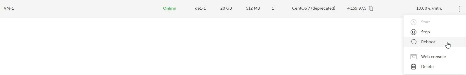 Screenshot of a virtual machine management panel showing a dropdown menu with actions. The VM is labeled "VM-1" and is "Online." The dropdown menu is open, and the 'Reboot' action is highlighted, indicated by a cursor pointing to it, suggesting a user is about to click or select this option to restart the virtual machine.