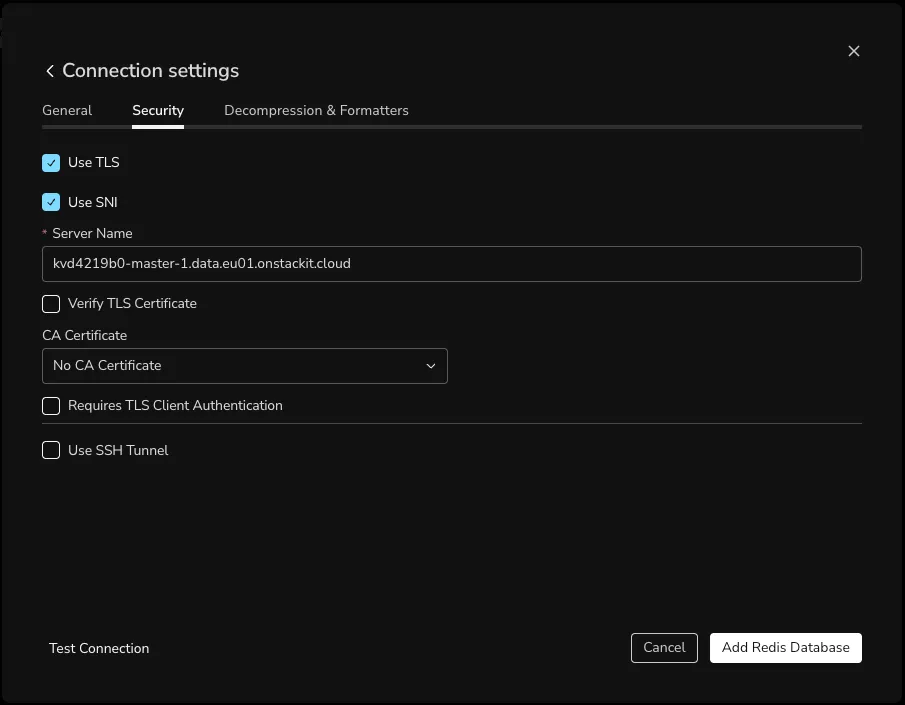 Redis Insight SNI checkbox clicked