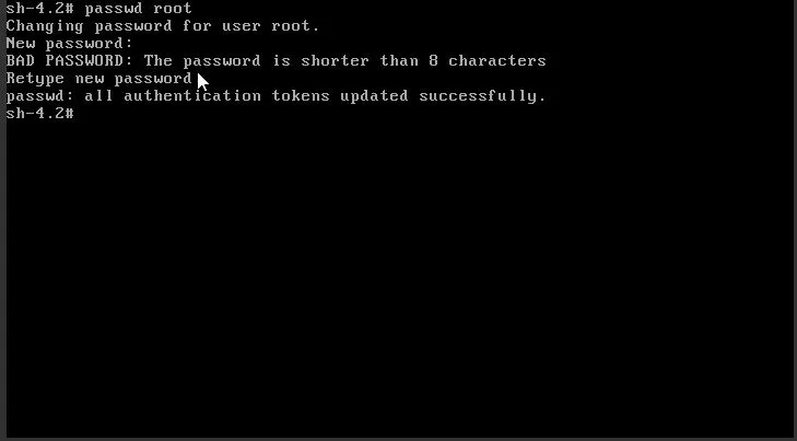 Terminal session showing password change process for root user using ‘passwd root’ command. The output displays ‘Changing password for user root’, followed by prompts for ‘New password’ and ‘Retype new password’. A BAD PASSWORD warning indicates ‘The password is shorter than 8 characters’, and the final line confirms ‘passwd: all authentication tokens updated successfully.’ The shell prompt shows ‘sh-4.2#’.