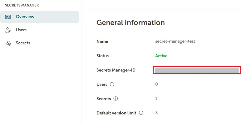 Der Screenshot zeigt die Details des Secrets Manager und hebt die Secrets-Manager-ID hervor.