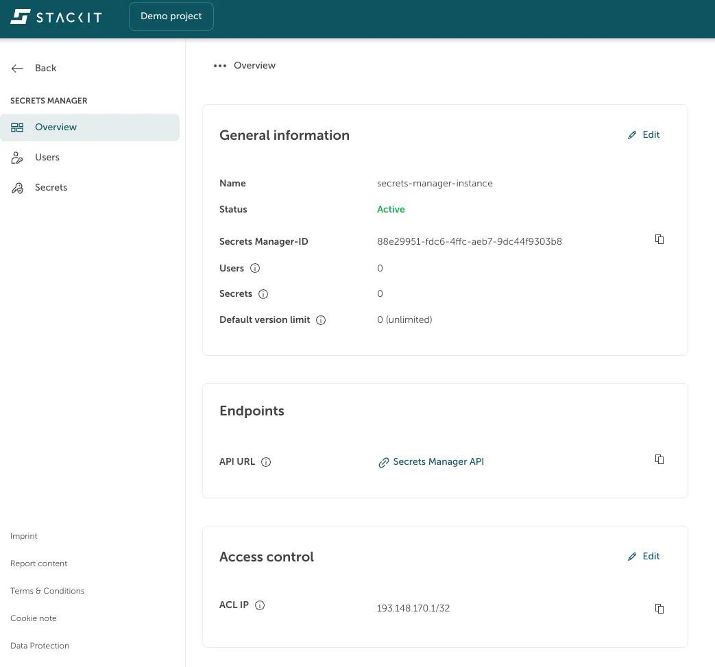Ein Screenshot, der die Übersichtsseite des Secrets Managers im STACKIT Portal mit allen allgemeinen Informationen, Endpunktinformationen und Informationen zur Zugriffssteuerung zeigt.