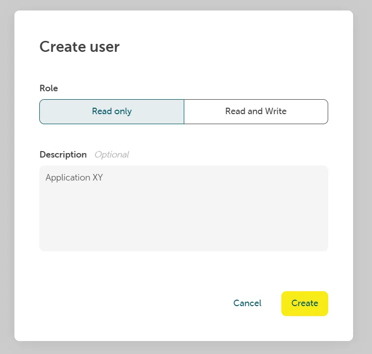 A screenshot showing the pop up after clicking create user. Here you can choose the role and add a description.