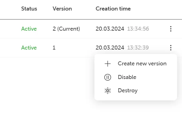 A screenshot showing the version's context menu entries